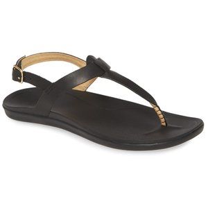 OluKai Ekekeu Black Leather T-Strap Women’s Sandals size 9